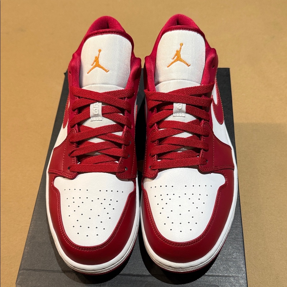 Jordan Men's Red and White Sneakers with Gold/Yellow Accents